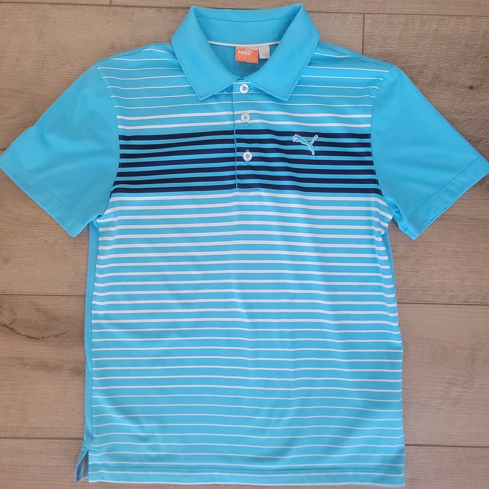 Puma Golf Boys Blue Striped Performance Polo Shirt Medium DryCell